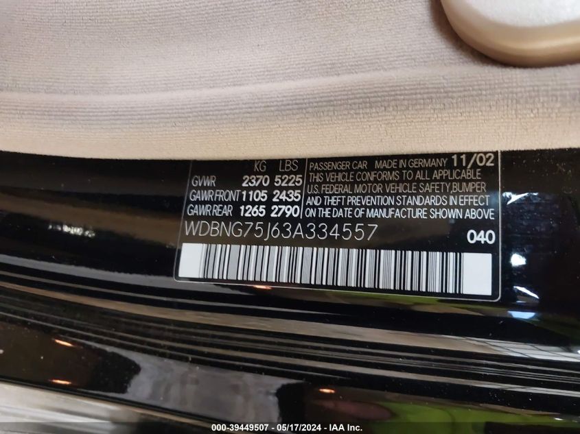 2003 Mercedes-Benz S 500 VIN: WDBNG75J63A334557 Lot: 39449507