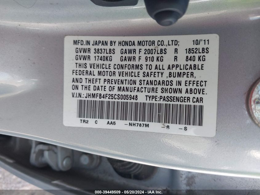 2012 Honda Civic Hybrid Hybrid VIN: JHMFB4F25CS005948 Lot: 39449509