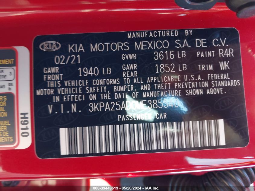 2021 Kia Rio 5-Door S VIN: 3KPA25AD0ME385540 Lot: 39449519