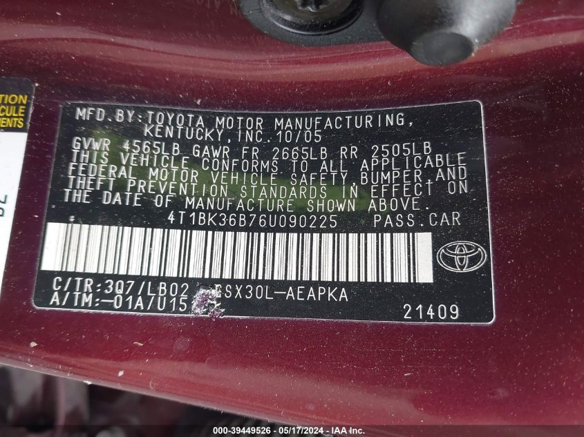 2006 Toyota Avalon Limited VIN: 4T1BK36B76U090225 Lot: 39449526