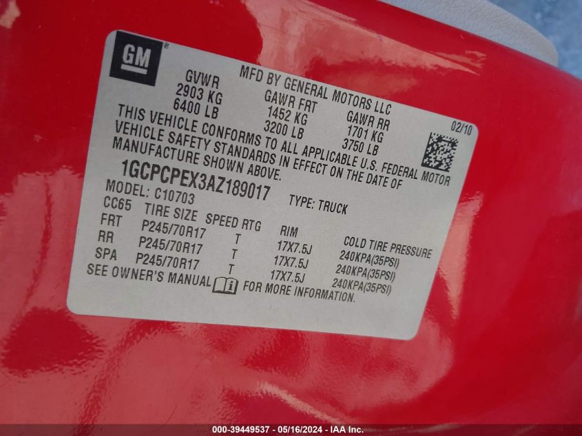 2010 Chevrolet Silverado 1500 Work Truck VIN: 1GCPCPEX3AZ189017 Lot: 39449537