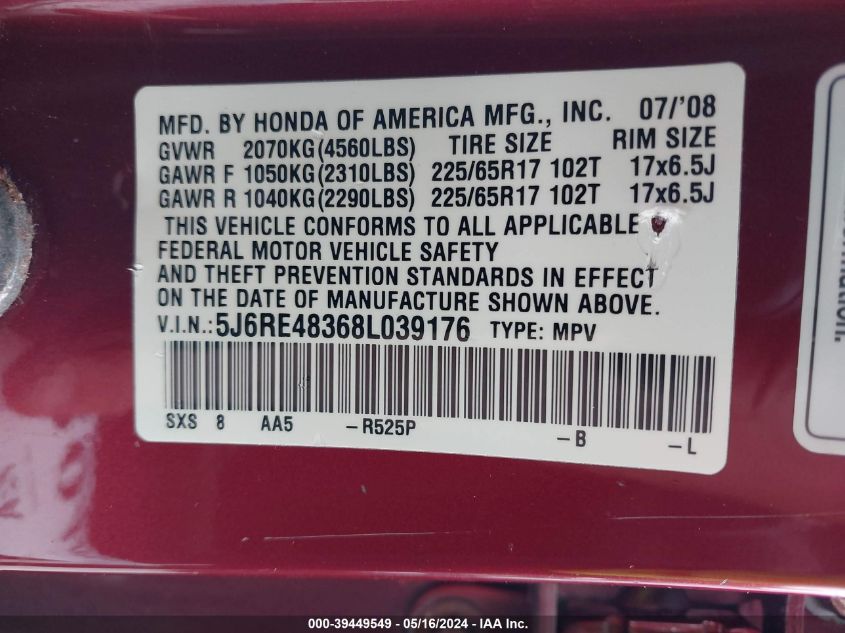 2008 Honda Cr-V Lx VIN: 5J6RE48368L039176 Lot: 39449549