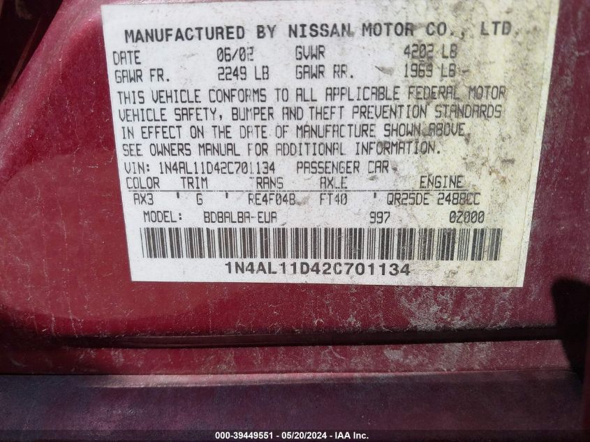 1N4AL11D42C701134 2002 Nissan Altima 2.5 S