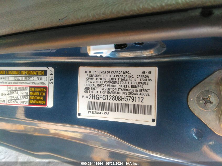 2008 Honda Civic Ex VIN: 2HGFG12808H579112 Lot: 39449554