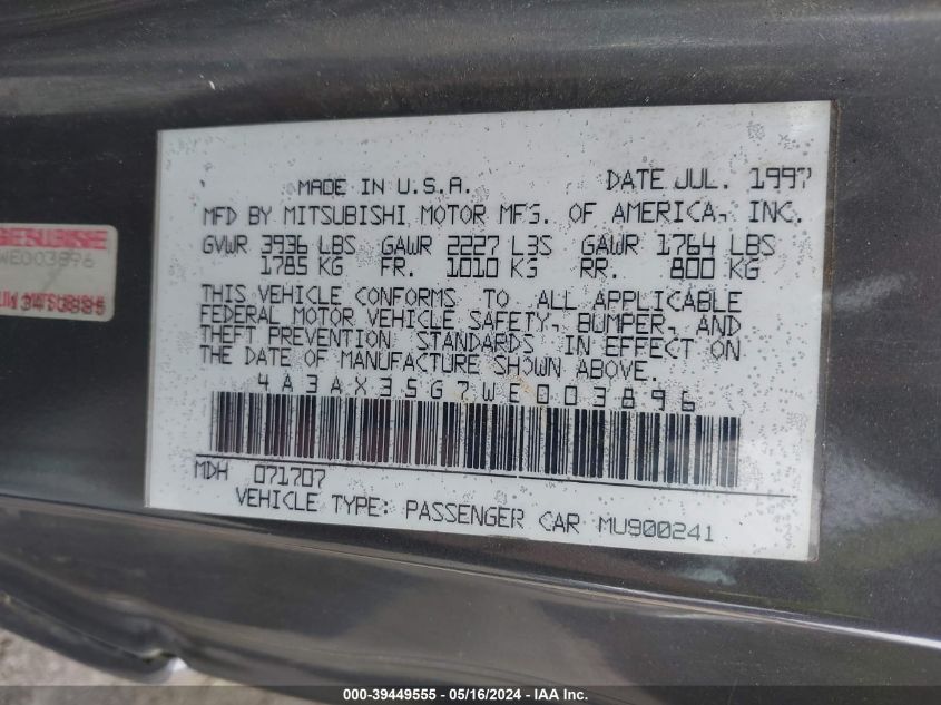 1998 Mitsubishi Eclipse Spyder Gs VIN: 4A3AX35G7WE003896 Lot: 39449555