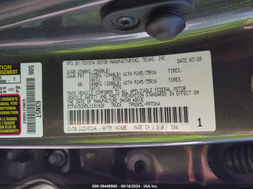 2020 Toyota Tacoma Sr5 VIN: 5TFAX5GN5LX181428 Lot: 39449560
