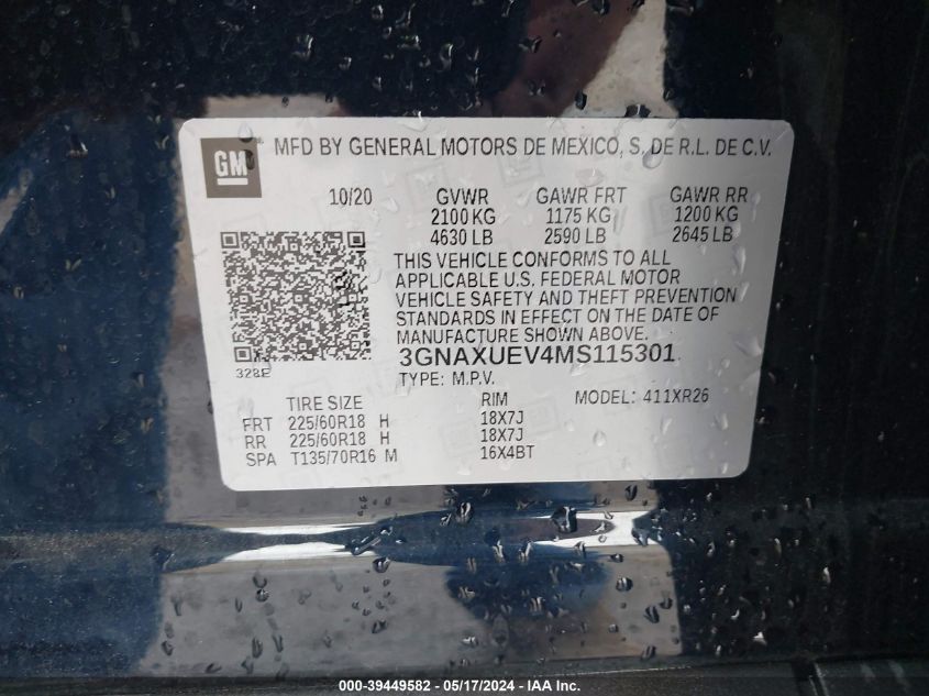 2021 Chevrolet Equinox Awd Lt VIN: 3GNAXUEV4MS115301 Lot: 39449582