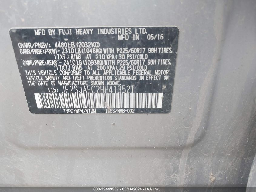 2017 Subaru Forester 2.5I Premium VIN: JF2SJAEC2HH413521 Lot: 39449589