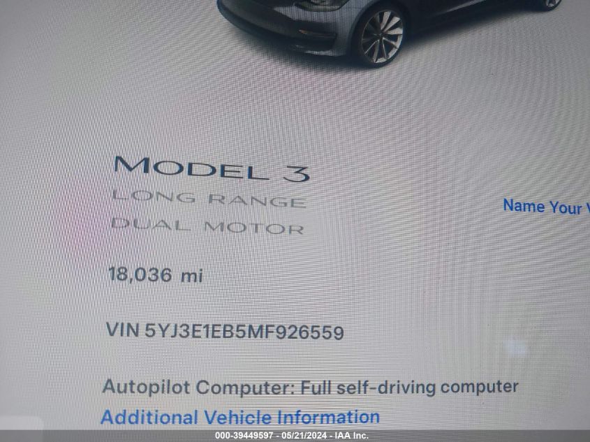2021 Tesla Model 3 Long Range Dual Motor All-Wheel Drive VIN: 5YJ3E1EB5MF926559 Lot: 39449597
