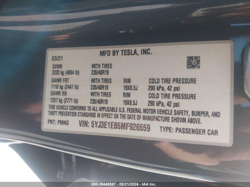 2021 Tesla Model 3 Long Range Dual Motor All-Wheel Drive VIN: 5YJ3E1EB5MF926559 Lot: 39449597