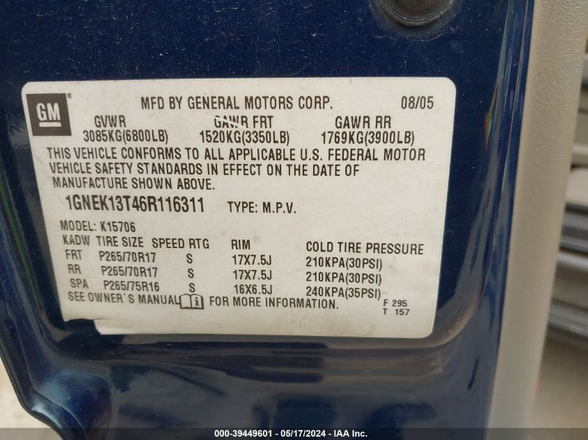 2006 Chevrolet Tahoe K1500 VIN: 1GNEK13T46R116311 Lot: 39449601