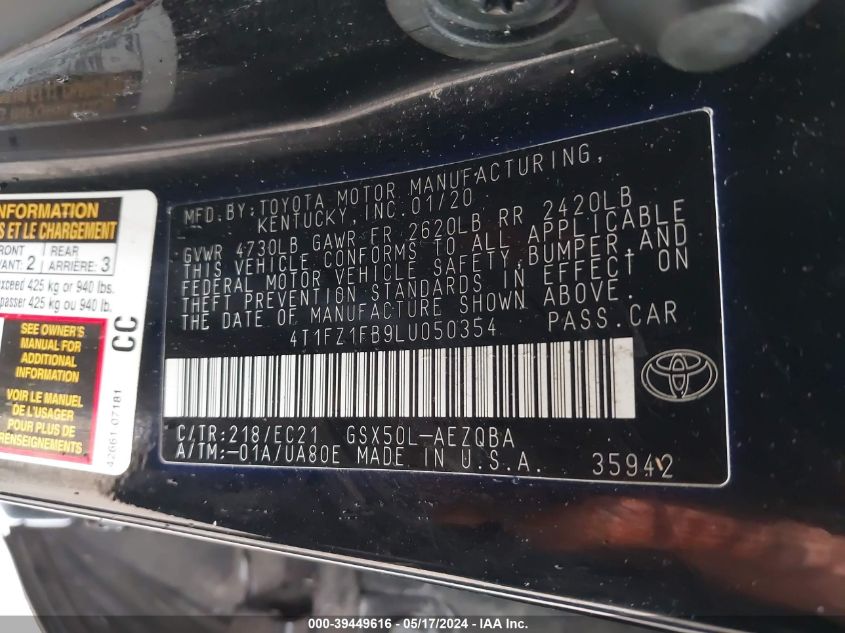 2020 Toyota Avalon Trd VIN: 4T1FZ1FB9LU050354 Lot: 39449616