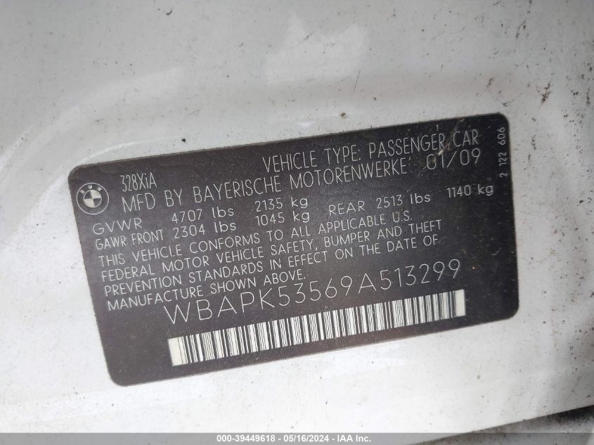 2009 BMW 328I xDrive VIN: WBAPK53569A513299 Lot: 39449618