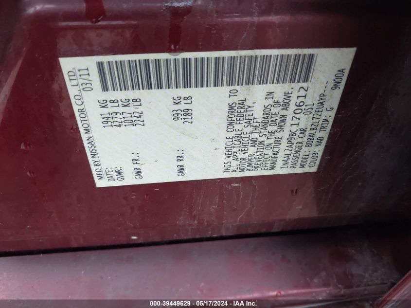 2011 Nissan Altima 2.5 S VIN: 1N4AL2AP9BC170612 Lot: 39449629