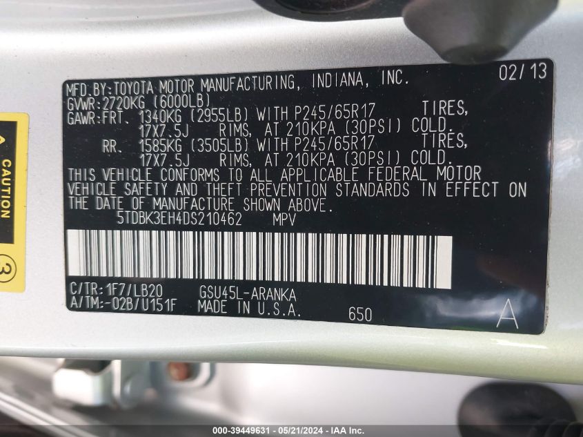 2013 Toyota Highlander Se V6 VIN: 5TDBK3EH4DS210462 Lot: 39449631