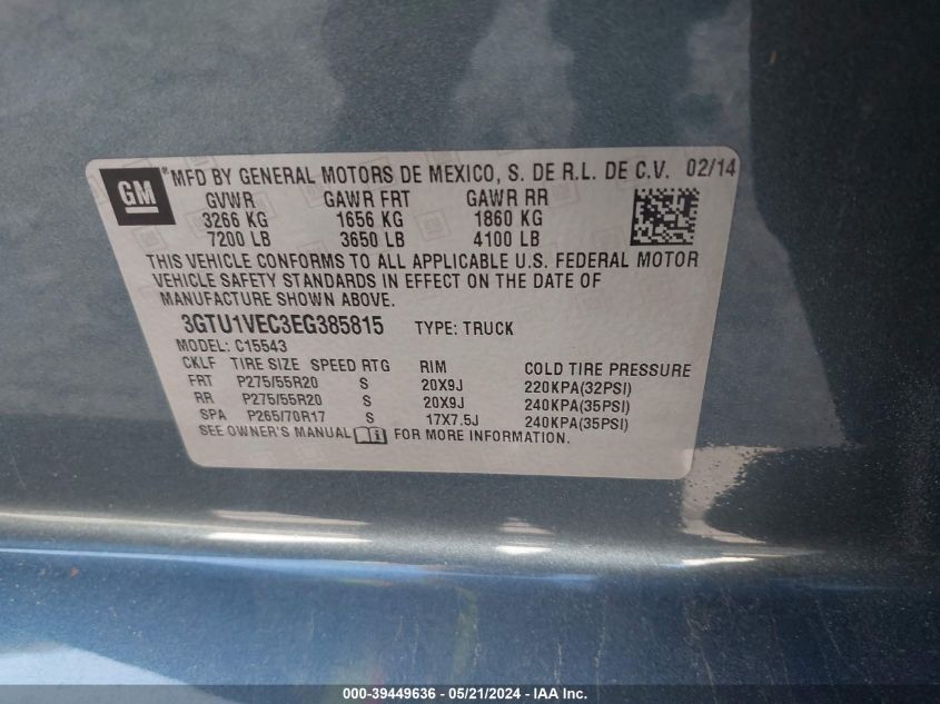 2014 GMC Sierra 1500 Slt VIN: 3GTU1VEC3EG385815 Lot: 39449636