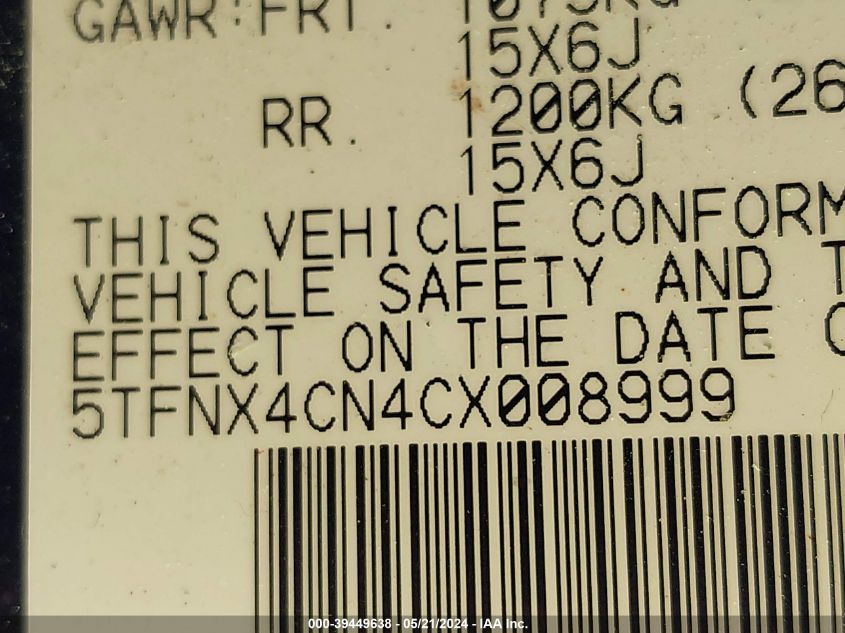 2012 Toyota Tacoma VIN: 5TFNX4CN4CX008999 Lot: 39449638