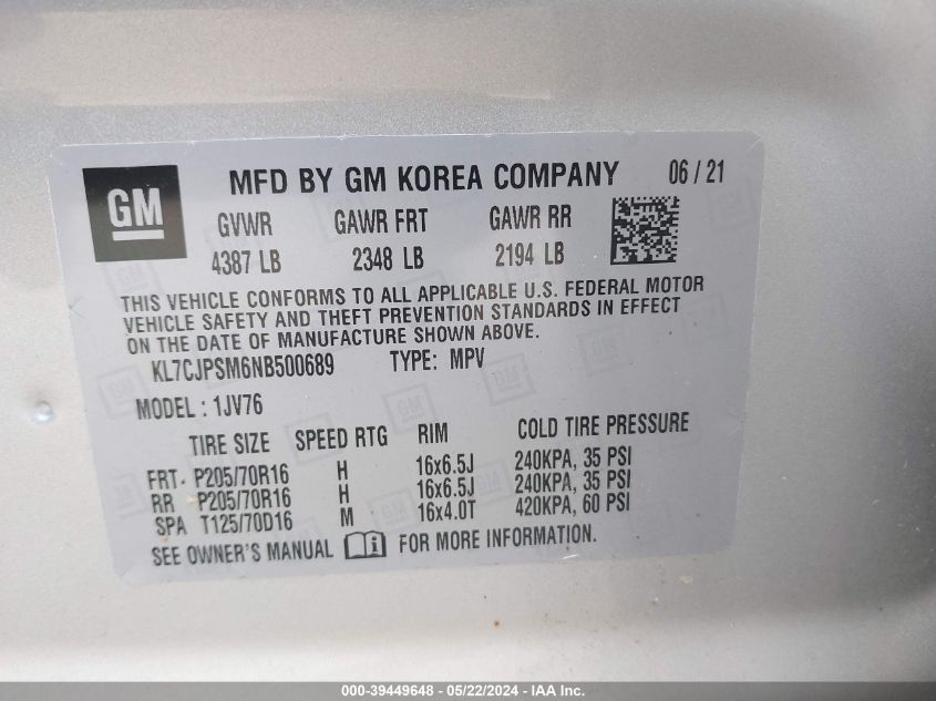 2022 Chevrolet Trax Awd Lt VIN: KL7CJPSM6NB500689 Lot: 39449648