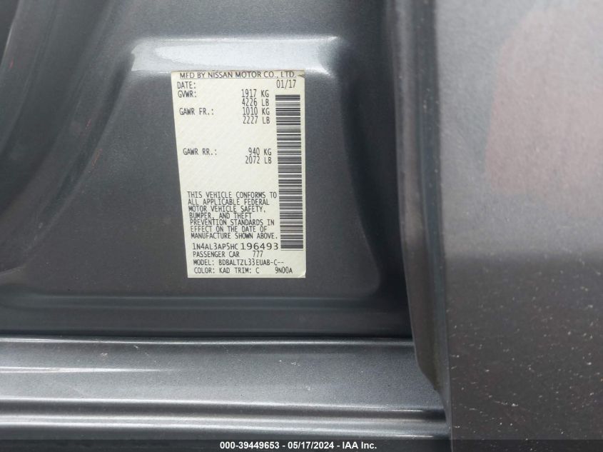 2017 Nissan Altima 2.5 Sl VIN: 1N4AL3AP5HC196493 Lot: 39449653