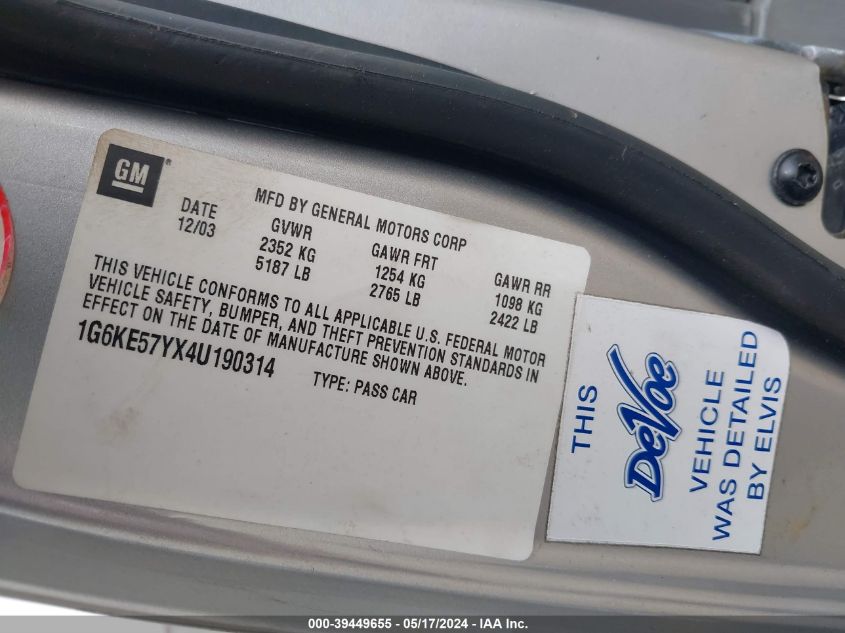 2004 Cadillac Deville Dhs VIN: 1G6KE57YX4U190314 Lot: 39449655