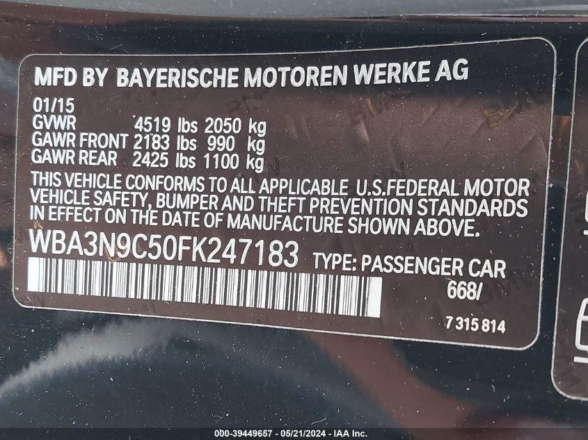 2015 BMW 428I xDrive VIN: WBA3N9C50FK247183 Lot: 39449657