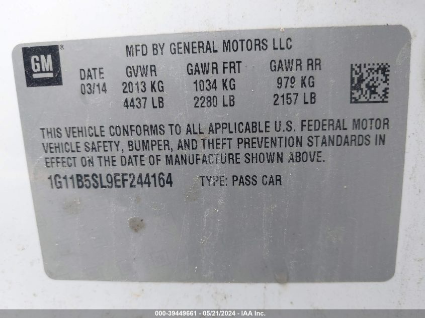 2014 Chevrolet Malibu 1Ls VIN: 1G11B5SL9EF244164 Lot: 39449661