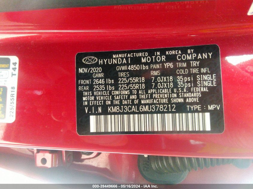 2021 Hyundai Tucson Ultimate VIN: KM8J3CAL6MU378212 Lot: 39449666