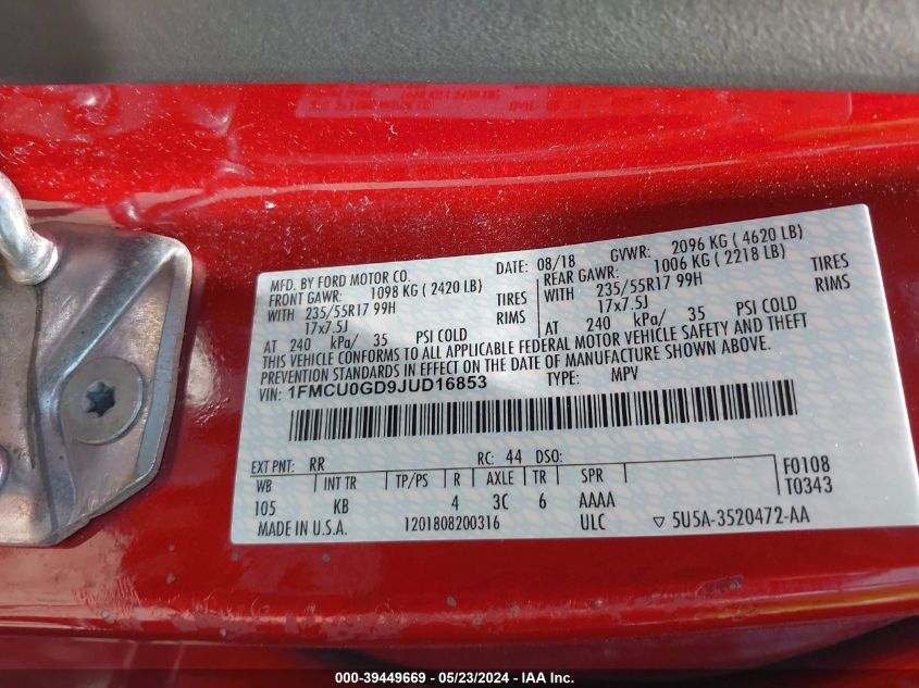 2018 Ford Escape Se VIN: 1FMCU0GD9JUD16853 Lot: 39449669