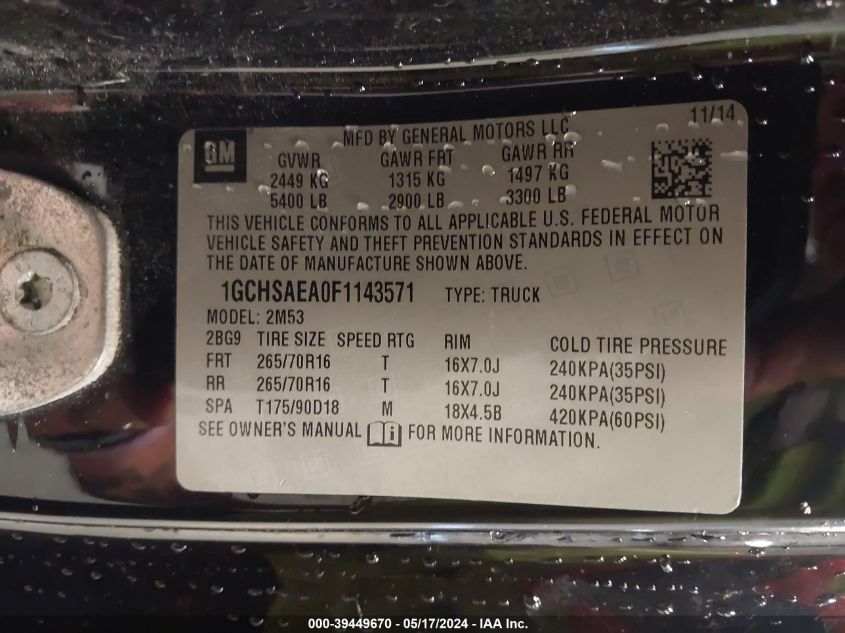 2015 Chevrolet Colorado VIN: 1GCHSAEA0F1143571 Lot: 39449670