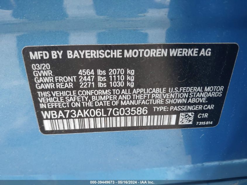 2020 BMW 228I Gran Coupe xDrive VIN: WBA73AK06L7G03586 Lot: 39449673