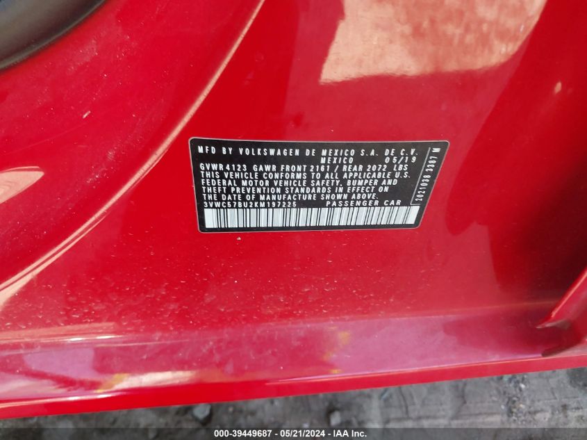 2019 Volkswagen Jetta 1.4T R-Line/1.4T S/1.4T Se VIN: 3VWC57BU2KM197225 Lot: 39449687