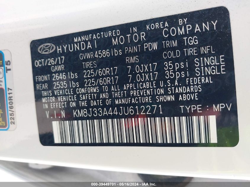 2018 Hyundai Tucson Sel VIN: KM8J33A44JU612271 Lot: 39449701