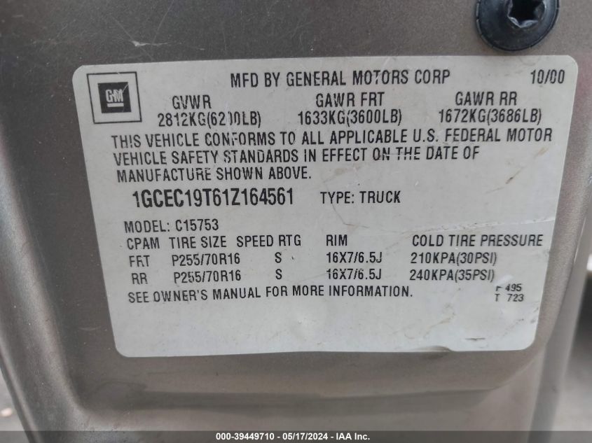 2001 Chevrolet Silverado 1500 Lt VIN: 1GCEC19T61Z164561 Lot: 39449710