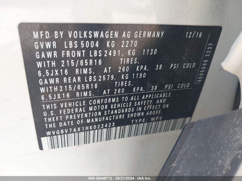 2017 Volkswagen Tiguan 2.0T/2.0T S VIN: WVGBV7AX1HK022423 Lot: 39449712