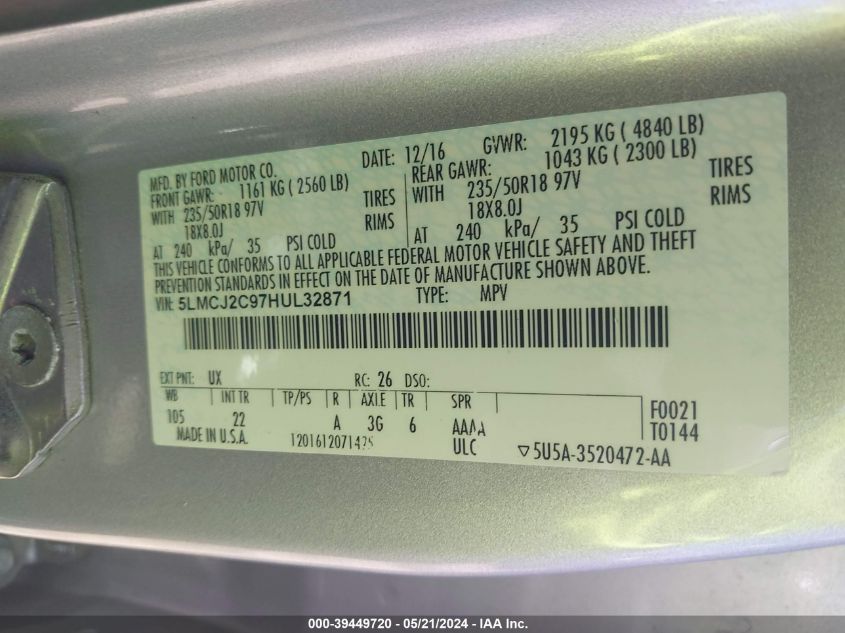 2017 LINCOLN MKC SELECT - 5LMCJ2C97HUL32871