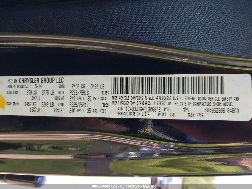 2014 Jeep Wrangler Unlimited Sport VIN: 1C4BJWDG4EL306642 Lot: 39449725