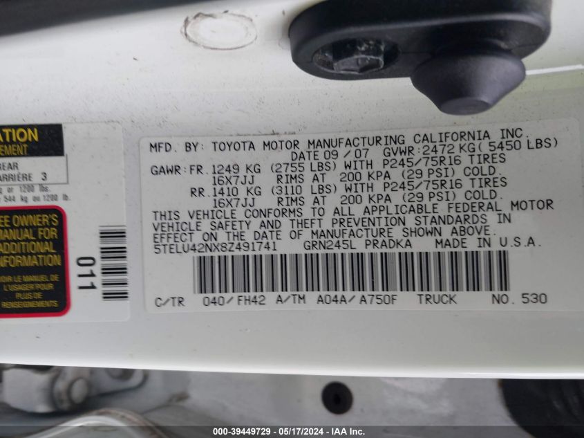 2008 Toyota Tacoma Base V6 VIN: 5TELU42NX8Z491741 Lot: 39449729