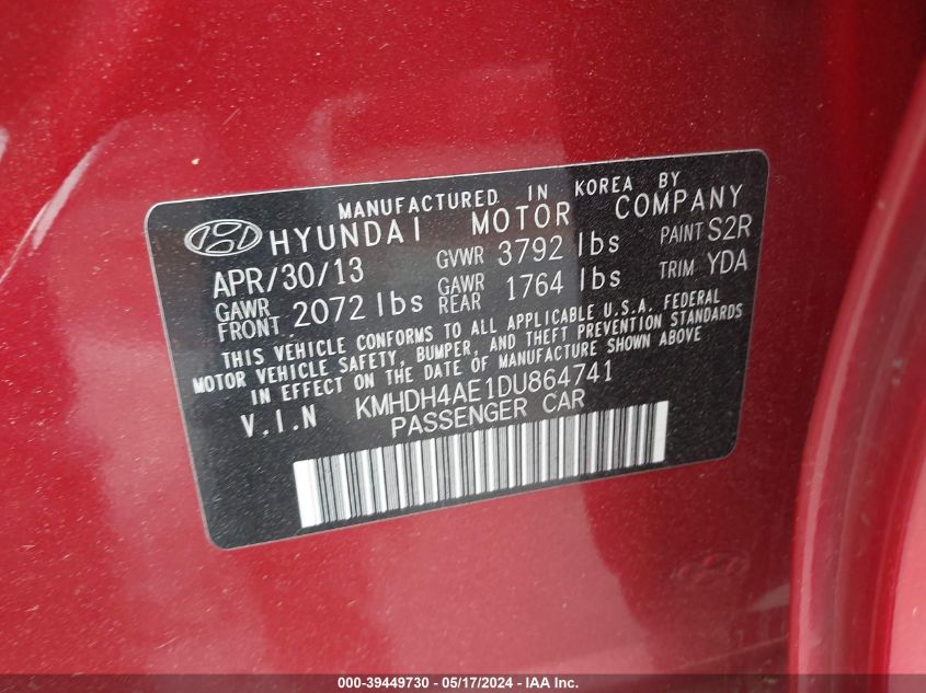 2013 Hyundai Elantra Gls VIN: KMHDH4AE1DU864741 Lot: 39449730