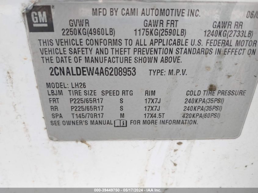 2010 Chevrolet Equinox Lt VIN: 2CNALDEW4A6208953 Lot: 39449750