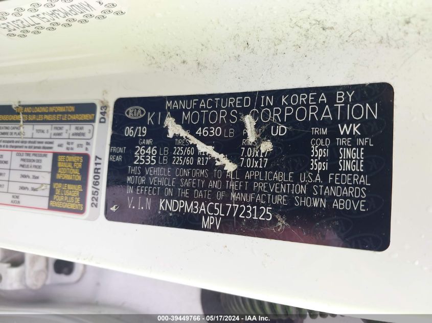 2020 Kia Sportage Lx VIN: KNDPM3AC5L7723125 Lot: 39449766