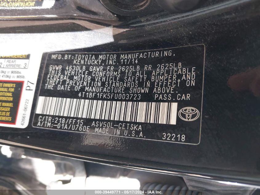 2015 Toyota Camry Se VIN: 4T1BF1FK5FU003723 Lot: 39449771