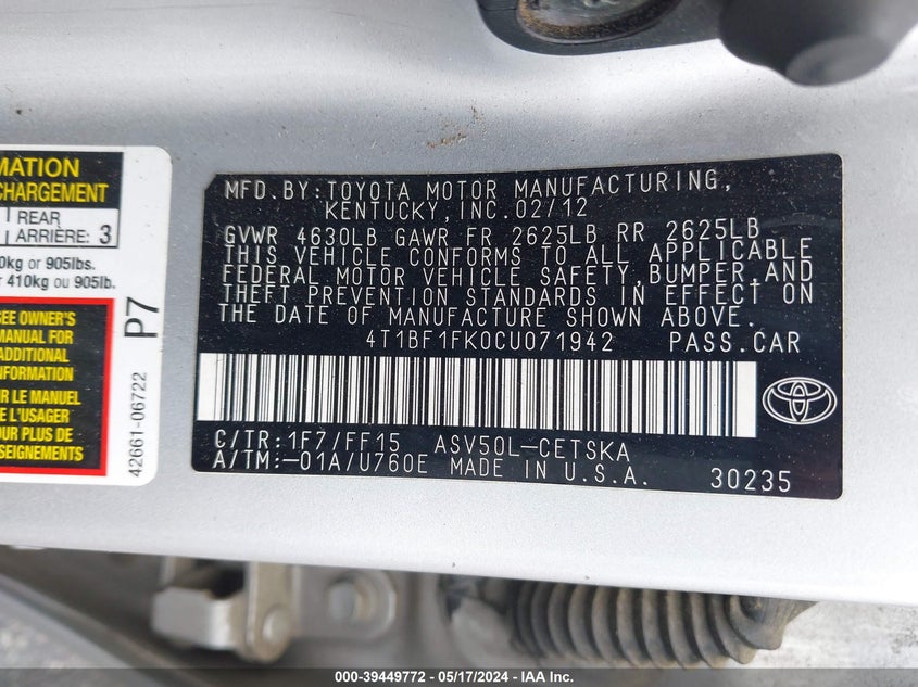 2012 Toyota Camry Se VIN: 4T1BF1FK0CU071942 Lot: 39449772