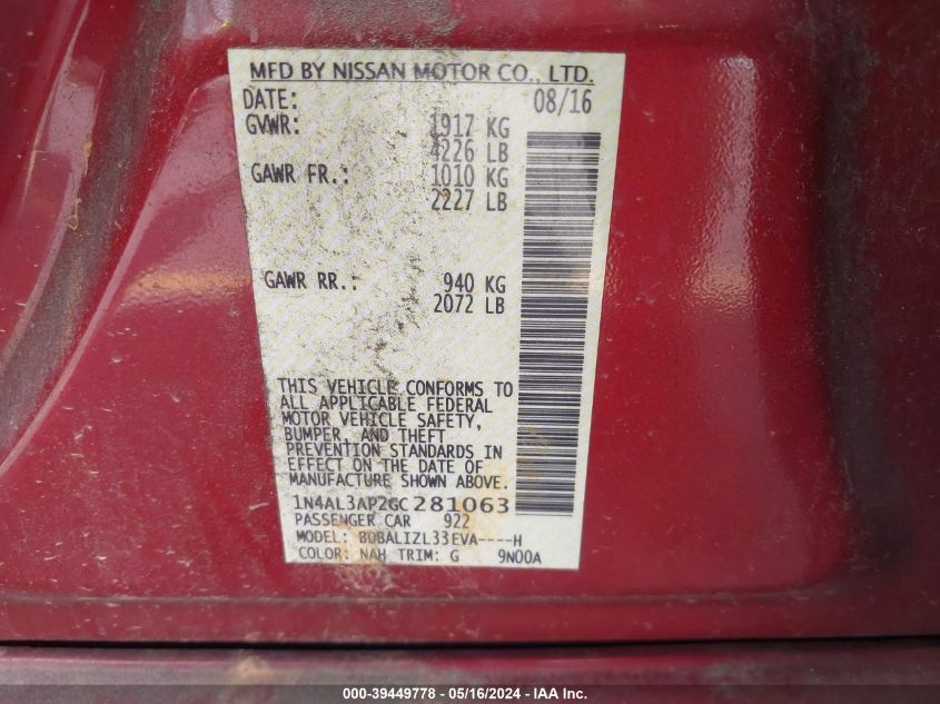 2016 Nissan Altima 2.5 Sv VIN: 1N4AL3AP2GC281063 Lot: 39449778