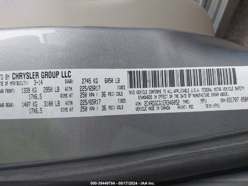 2014 Dodge Grand Caravan Sxt VIN: 2C4RDGCG1ER346052 Lot: 39449784