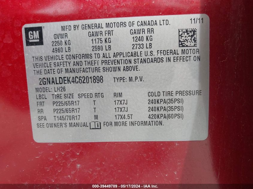 2012 Chevrolet Equinox 1Lt VIN: 2GNALDEK4C6201898 Lot: 39449789