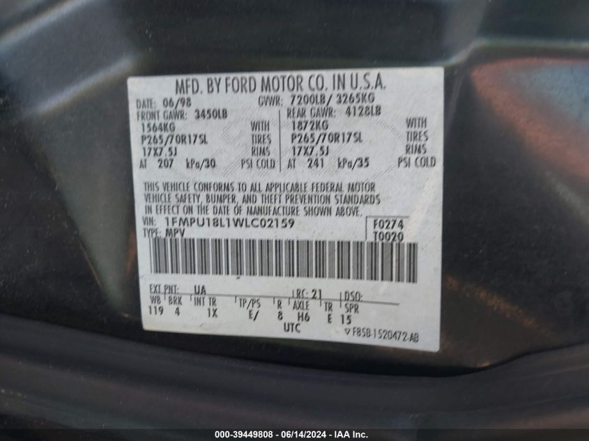 1998 Ford Expedition Eddie Bauer/Xlt VIN: 1FMPU18L1WLC02159 Lot: 39449808