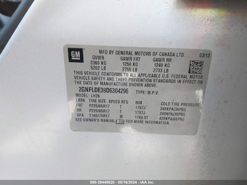 2013 Chevrolet Equinox 1Lt VIN: 2GNFLDE39D6304296 Lot: 39449820