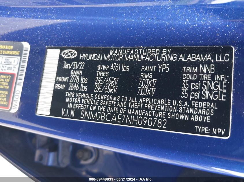 2022 Hyundai Tucson Sel VIN: 5NMJBCAE7NH090782 Lot: 39449831