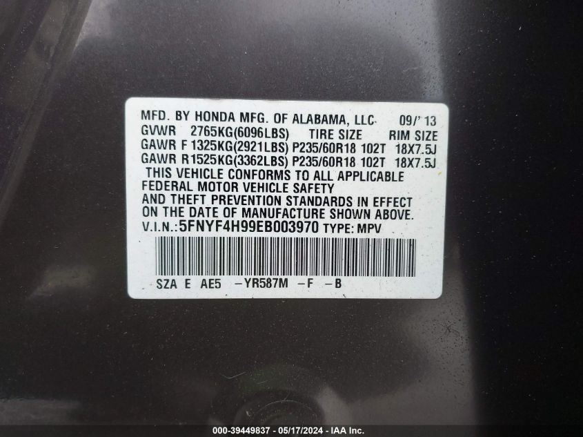 2014 Honda Pilot Touring VIN: 5FNYF4H99EB003970 Lot: 39449837