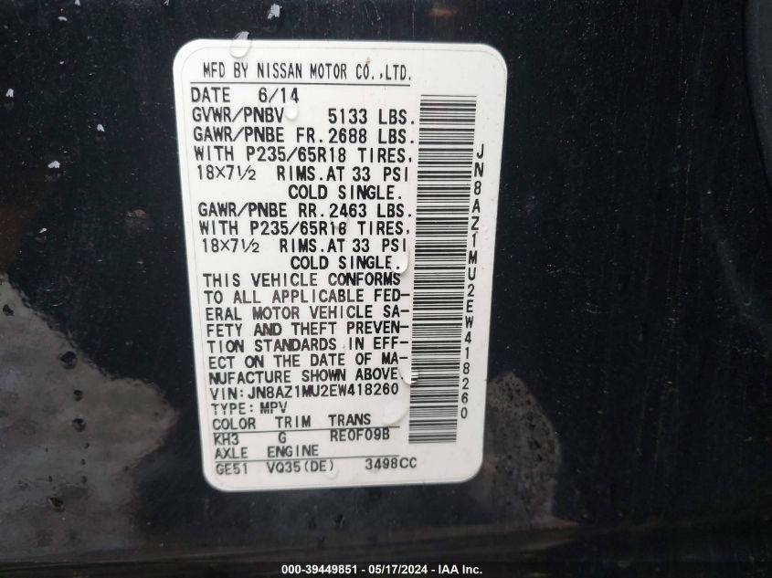 2014 Nissan Murano S VIN: JN8AZ1MU2EW418260 Lot: 39449851